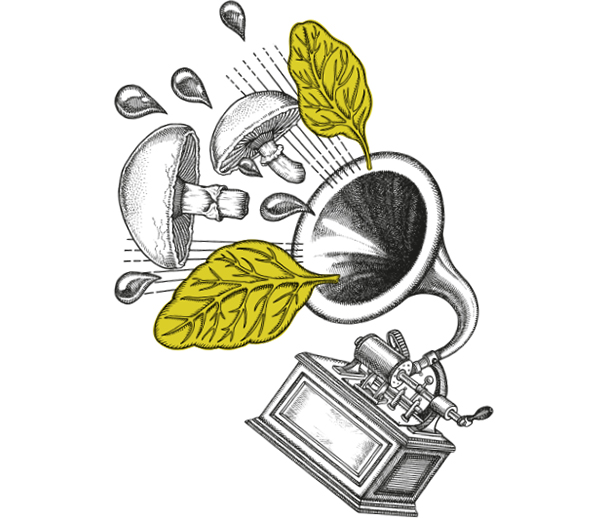 Toms pies illustrated graphic, speaker shooting mushrooms and cabbage