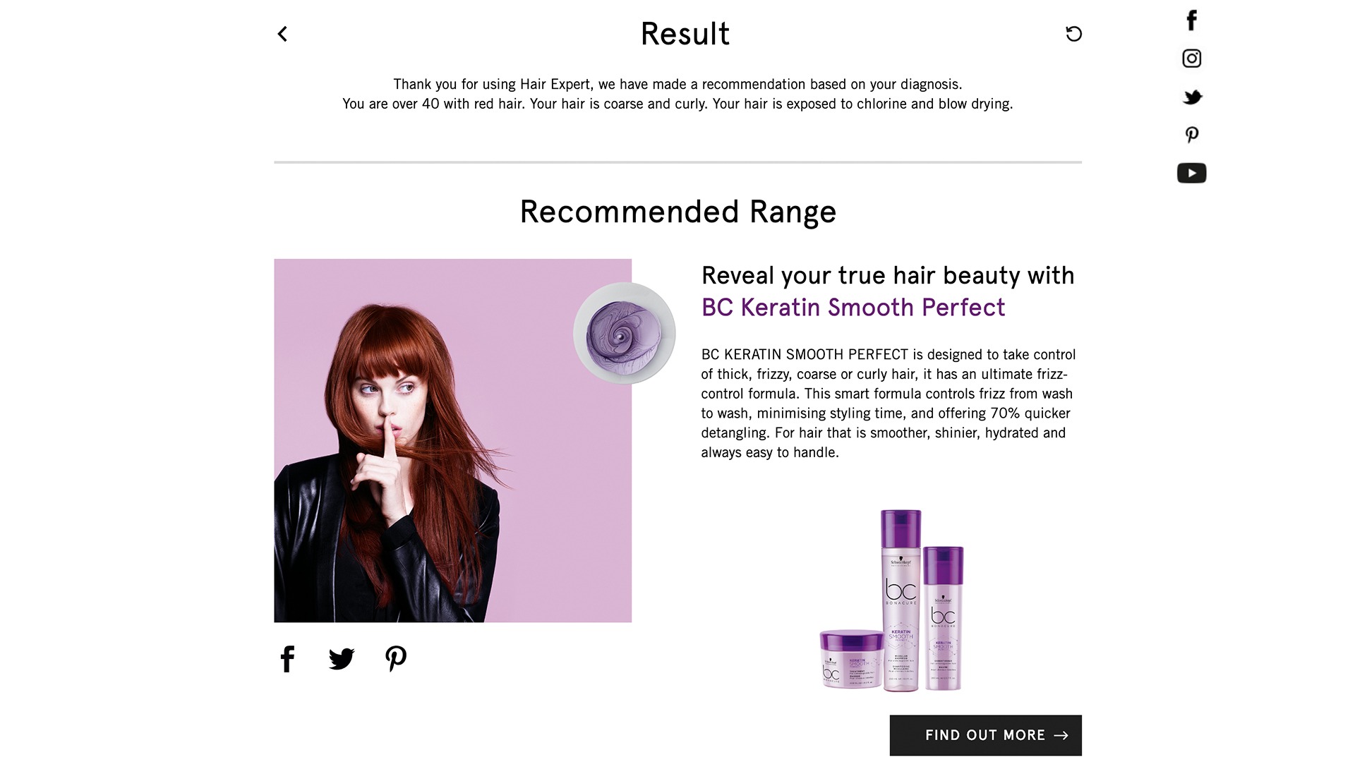 Hair expert product advisor tool results page