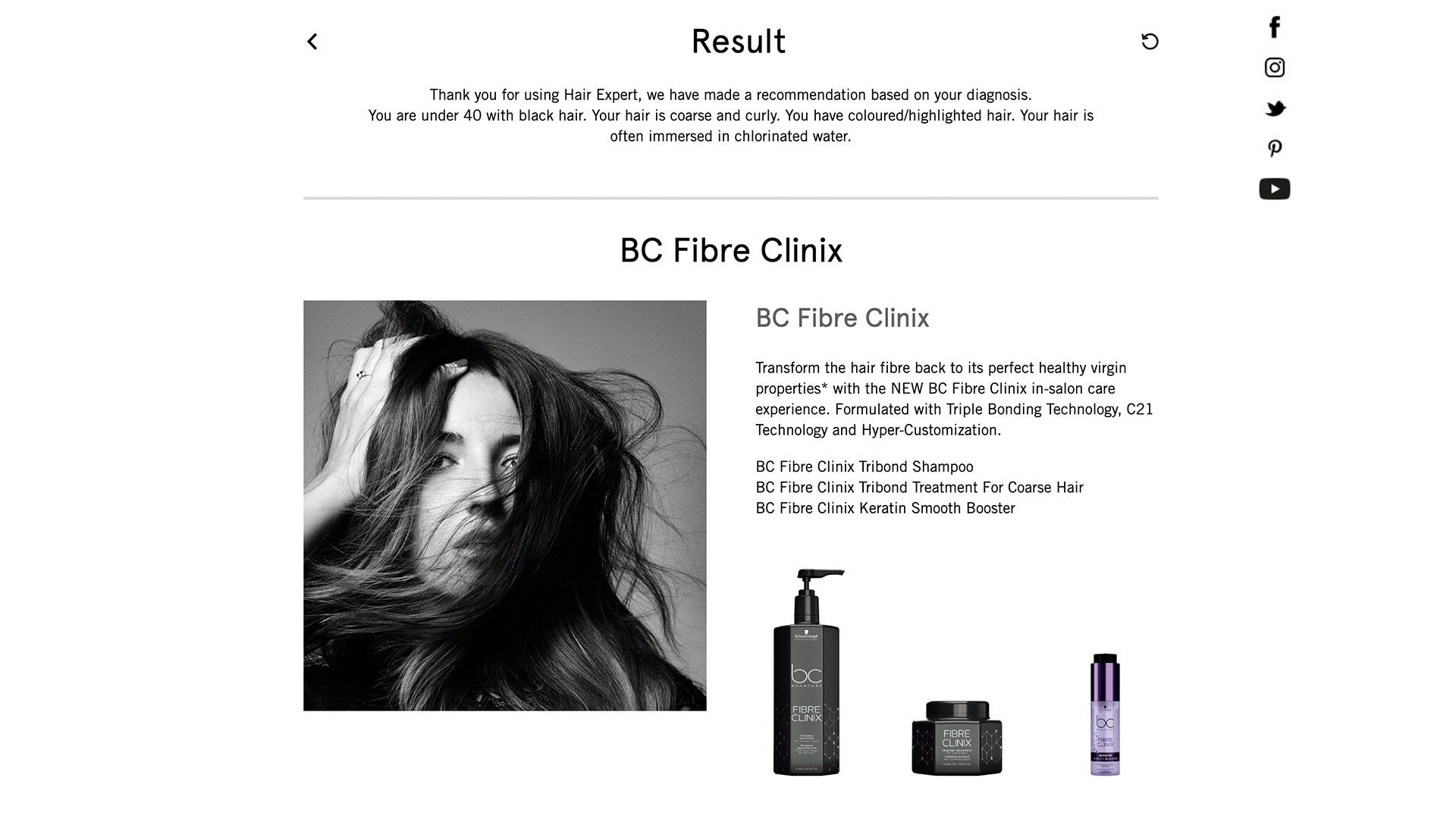 Hair expert product advisor tool results page
