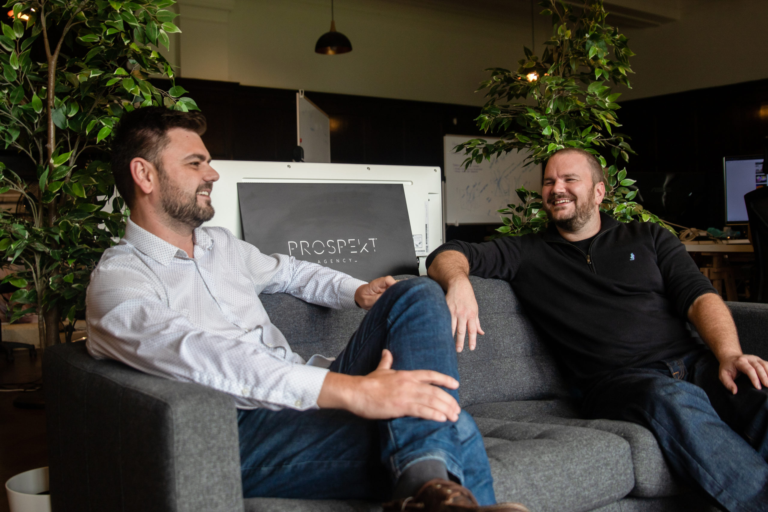 Mike Anyon and Nik Anstis sat on Sofa